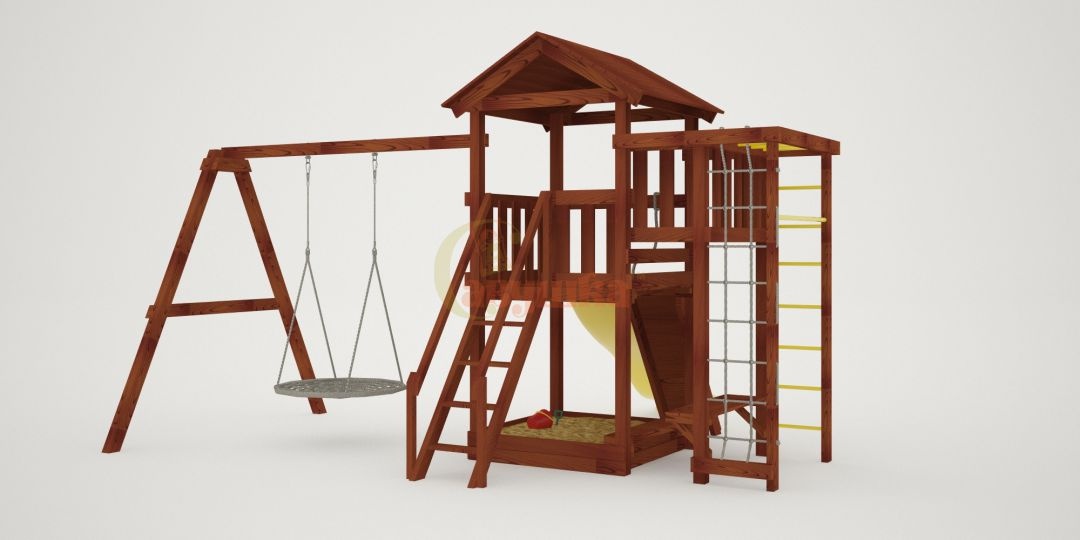 Детская площадка Савушка Мастер 3 с качелями Гнездо 1 метр - Махагон